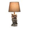 Contemporary Polyresin Gazing Brown and White Night Owl Novelty Lamp with Green Tapered Drum Fabric Shade