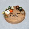 Decorative 13.75" Round Wood Serving Tray w/ Handles, "Feast"