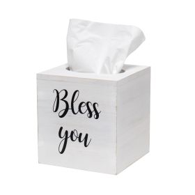 Decor Farmhouse White Wooden Decorative Tissue Box Cover with "Bless you" Script in White and Sliding Base for Vanity, Bathroom, Bedroom, Livingroom