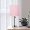 Oslo 19.5" Contemporary Bedside Power Outlet Base Standard Metal Table Desk Lamp in Brushed Steel with Light Pink Drum Fabric Shade for Home Décor, Be