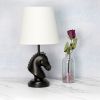 Polyresin Decorative Chess Horse Shaped Desk Lamp with White Tapered Fabric Shade, Black