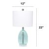 Oval Glass Table Lamp with White Drum Shade, Clear Blue