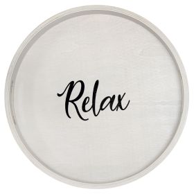 Decorative 13.75" Round Wood Serving Tray w/ Handles, "Relax"