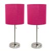 Brushed Steel Stick Lamp with Charging Outlet and Fabric Shade 2 Pack Set, Pink