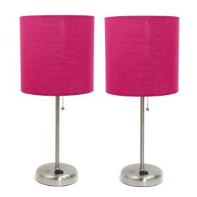 Brushed Steel Stick Lamp with Charging Outlet and Fabric Shade 2 Pack Set, Pink