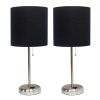 Brushed Steel Stick Lamp with Charging Outlet and Fabric Shade 2 Pack Set, Black