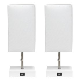 Petite White Stick Lamp with USB Charging Port and Fabric Shade 2 Pack Set, White