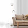 Torchiere Floor Lamp with Reading Light and Marble Glass Shades, Antique Brass