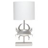 Shoreside Coastal Brushed Nickel and Polyresin Pinching Crab Shaped Desk Lamp with White Fabric Drum Shade