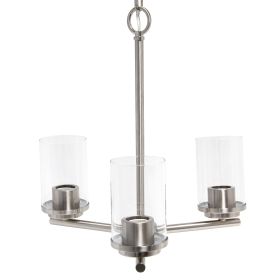 3-Light 15" Contemporary Clear Glass and Metal Hanging Ceiling Pendant Chandelier for Kitchen Island Foyer Hallway Living Room Den Dining Room, Brushe