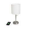 Oslo 19.5" Contemporary Bedside USB Port Feature Standard Metal Table Desk Lamp in Brushed Steel with White Drum Fabric Shade for Home Décor, Bedroom,