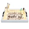 Salento Farmhouse Rectangular Decorative LED Light Up Wooden Serving Tray with Black Metal Handles and "Wake up and make up" in Black Script for Home