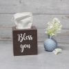 Decor Farmhouse Square Wooden Decorative Tissue Box Cover with "Bless you" Script in White and Sliding Base for Vanity, Bathroom, Bedroom, Livingroom