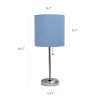 Brushed Steel Stick Lamp with Charging Outlet and Fabric Shade 2 Pack Set, Blue