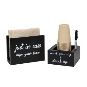 Pantry Picks Modern Wooden Portable Kitchen Caddy "Just in case, wipe your face" Napkin Holder and "Mark your cup & drink up" Cup Holder Set for Event