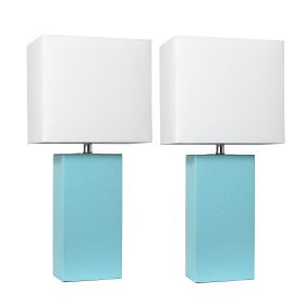 2 Pack Modern Leather Table Lamps with White Fabric Shades, Aqua