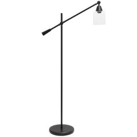 Swing Arm Floor Lamp with Clear Glass Cylindrical Shade, Black Matte