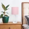 Oslo 19.5" Contemporary Bedside USB Port Feature Standard Metal Table Desk Lamp in White with Light Pink Drum Fabric Shade for Home Décor, Bedroom, En