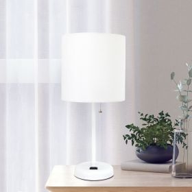 Oslo 19.5" Contemporary Bedside Power Outlet Base Standard Metal Table Desk Lamp in White with White Drum Fabric Shade for Home Décor, Bedroom, End Ta