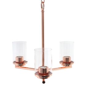 3-Light 15" Contemporary Clear Glass and Metal Hanging Ceiling Pendant Chandelier for Kitchen Island Foyer Hallway Living Room Den Dining Room, Rose G