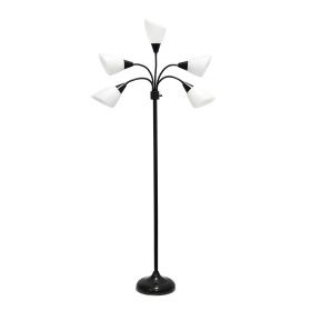 5 Light Adjustable Gooseneck Floor Lamp, White Shades, Black