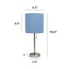 Oslo 19.5" Contemporary Bedside Power Outlet Base Standard Metal Table Desk Lamp in Brushed Steel with Blue Drum Fabric Shade for Home Décor, Bedroom,