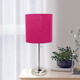 Oslo 19.5" Contemporary Bedside Power Outlet Base Standard Metal Table Desk Lamp in Brushed Steel with Pink Drum Fabric Shade for Home Décor, Bedroom,