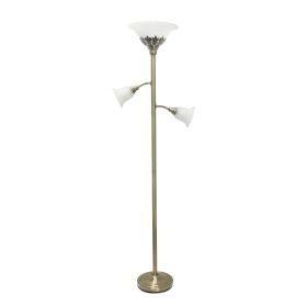 Torchiere Floor Lamp with 2 Reading Lights and Scalloped Glass Shades, Antique Brass