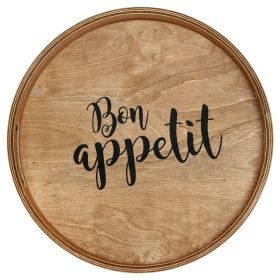 Decorative 13.75" Round Wood Serving Tray w/ Handles, "Bon Appetit"