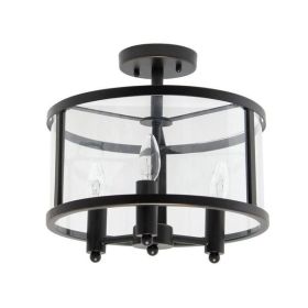 3-Light 13" Industrial Farmhouse Glass and Metallic Accented Semi-flushmount, Matte Black