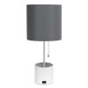 White Hammered Metal Organizer Table Lamp with USB charging port and Fabric Shade, Gray