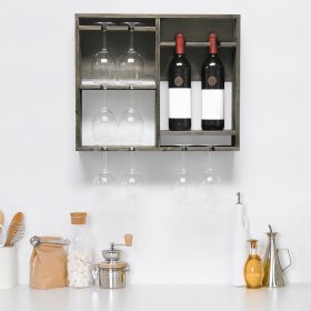 Bartow Wall Mounted Wood Wine Rack Shelf with Glass Holder, Rustic Gray