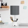 White Hammered Metal Organizer Table Lamp with USB charging port and Fabric Shade, Gray