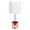 Hammered Metal Organizer Table Lamp with USB charging port and Fabric Shade, Rose Gold