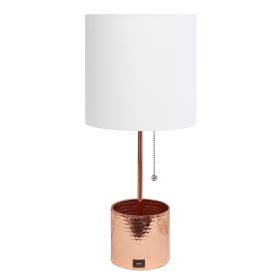 Hammered Metal Organizer Table Lamp with USB charging port and Fabric Shade, Rose Gold