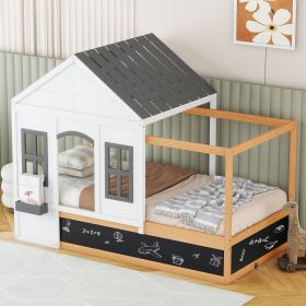 Twin Size House Shaped Canopy Bed with Black Roof and White Window, Blackboard and Little Shelf, White