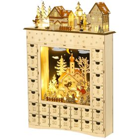 HOMCOM Christmas Advent Calendar, Light Up Wooden Holiday Decoration with 24 Countdown Drawers and LED Lights for Kids and Adults, Battery Operated