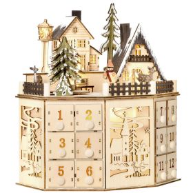 HOMCOM Christmas Advent Calendar, Light Up Table Xmas Wooden Holiday Decoration with Countdown Drawers and Village, for Kids and Adults, Natural