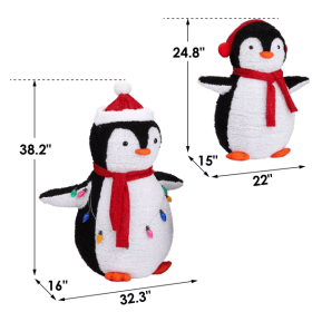 2-Piece Lighted Plush Penguins Christmas Yard Decorations, Set Of 2 Pre-lit Pull Up Penguins With 150 Warm White LEDs