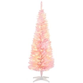 HOMCOM 5' Tall Pre-Lit Slim Noble Fir Artificial Christmas Tree with 110 Warm White LED Lights and 294 Tips, for Christmas Decoration, Pink