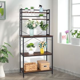 5-Tier Kitchen Bakers Rack with 10 S-Shaped Hooks; Industrial Microwave Oven Stand; Free Standing Kitchen Utility Cart Storage Shelf Organizer (Rustic