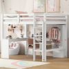 Full Size Loft Bed with L-Desk, Wardrobe and Shelves, White