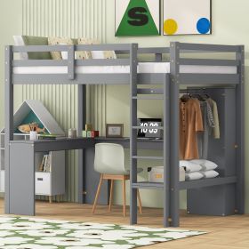 Twin Size Loft Bed with L-Desk, Wardrobe and Shelves, Grey