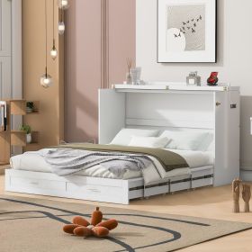 Queen Size Murphy Wall Bed with drawer and USB Ports, White