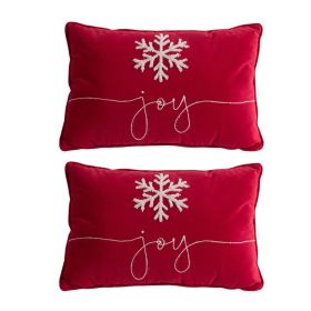 Set of 2, 18x12" Red Velvet Pillow With Embroidered Joy And Frosty Snowflake, for Christmas Halloween Holiday Decor