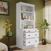 Tall Wood Bookcase 3 Shelves, 3 Drawers and LED Lighting, White