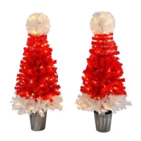 Lighted Santa Hat Style Christmas Tree Set of 2, 4ft Artificial Tree with Warm White Lights, Christmas Tree for Decoration Inside and Outside