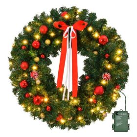 36in Pre-lit Battery Powered Christmas Wreath, Lighted Artificial Xmas Wreath with 80 Warm Lights and 270 PVC Tips and 18 DIY Ornaments