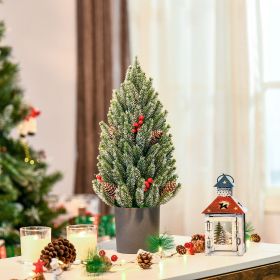 18" Tall Unlit Miniature Snow-Flocked Tabletop Artificial Christmas Tree, Holiday Decoration with Pine Cones and Berries