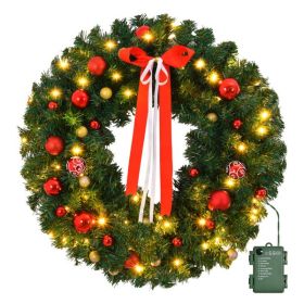 24in Pre-lit Battery Powered Christmas Wreath, Lighted Artificial Xmas Wreath with 50 Warm Lights and 80 PVC Tips and 14 DIY Ornaments